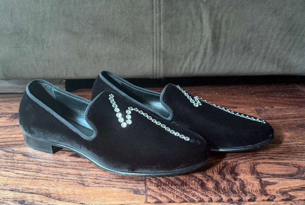 $1,295 NEW Giuseppe Zanotti Black Velvet Crystal GZ Smoking Loafers Size 7(40)